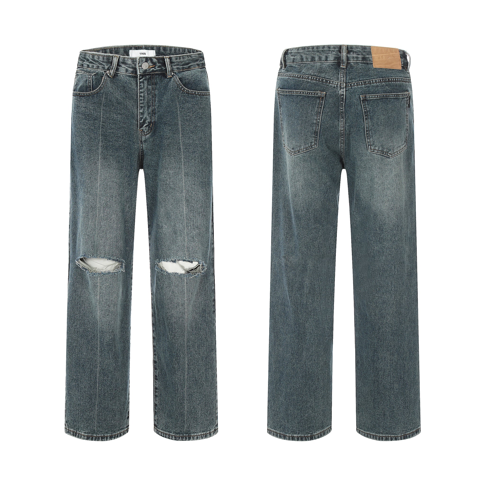 11KN Clean Fit Baggy Washed Ripped Jeans #K5080-1